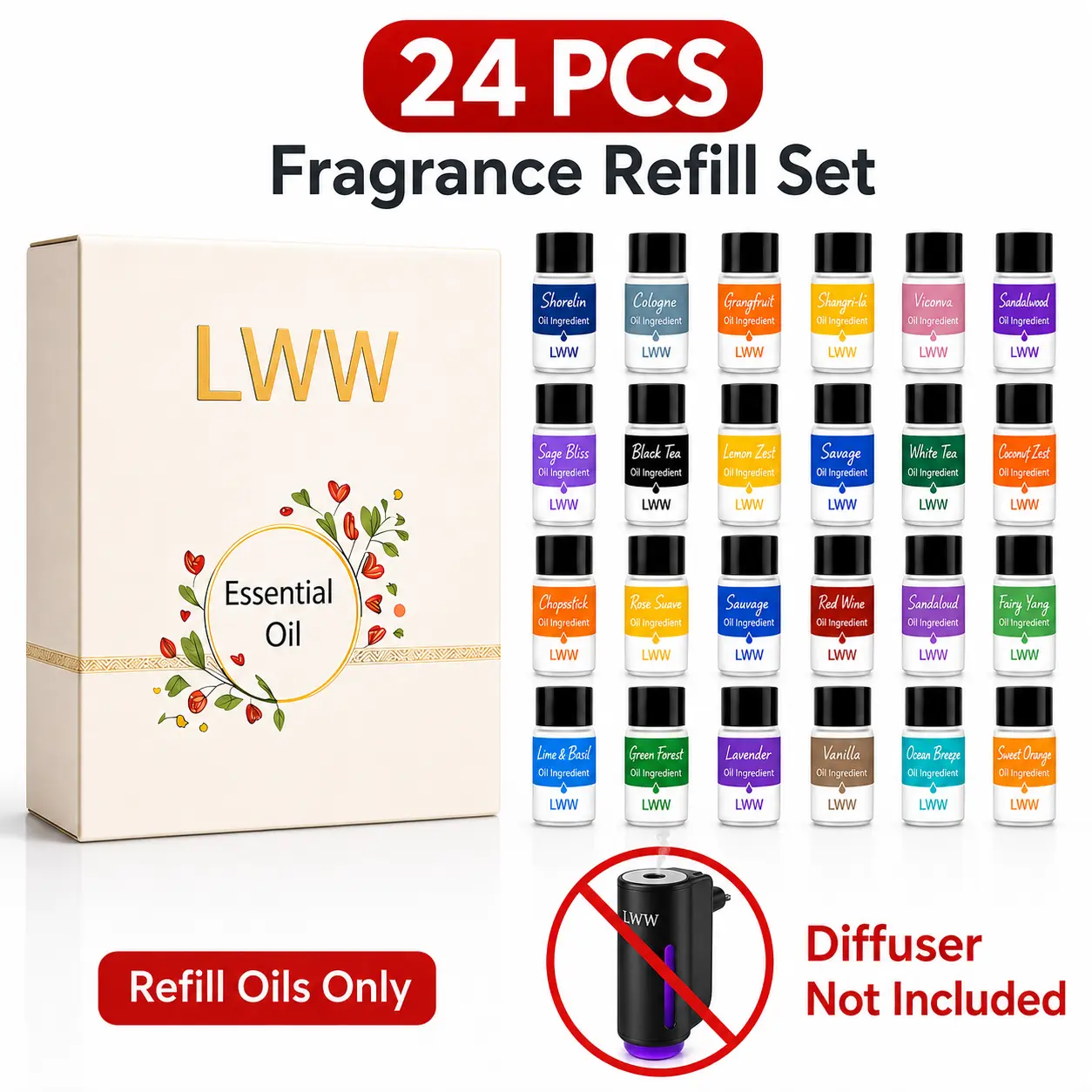 LWW Scented Essential Oil Refills, 24-Pack 10mL Assorted Fragrance Aroma, Refill Only for Diffusers & Car Air Fresheners (No Diffuser Included)