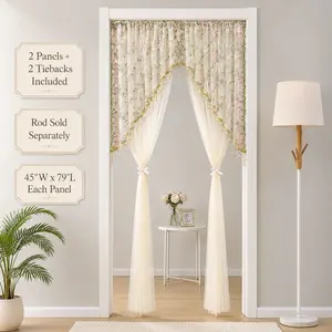 Sheer Floral Doorway Curtain, Elegant Lace Door Curtain with Tassel Trim, Privacy Room Divider for Bedroom, Closet, Kitchen & Apartment
