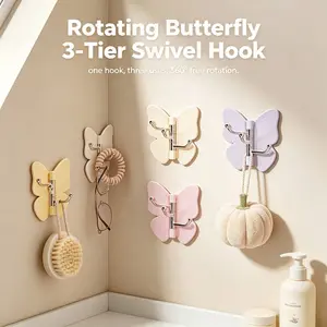 6Pcs Rotating Butterfly Hook, No Drill Wall Mounted Adhesive Rack, Space Saving Swivel Hanger for Towels Keys Bags, Multi-Purpose Organizer for Home Kitchen Bathroom Corner