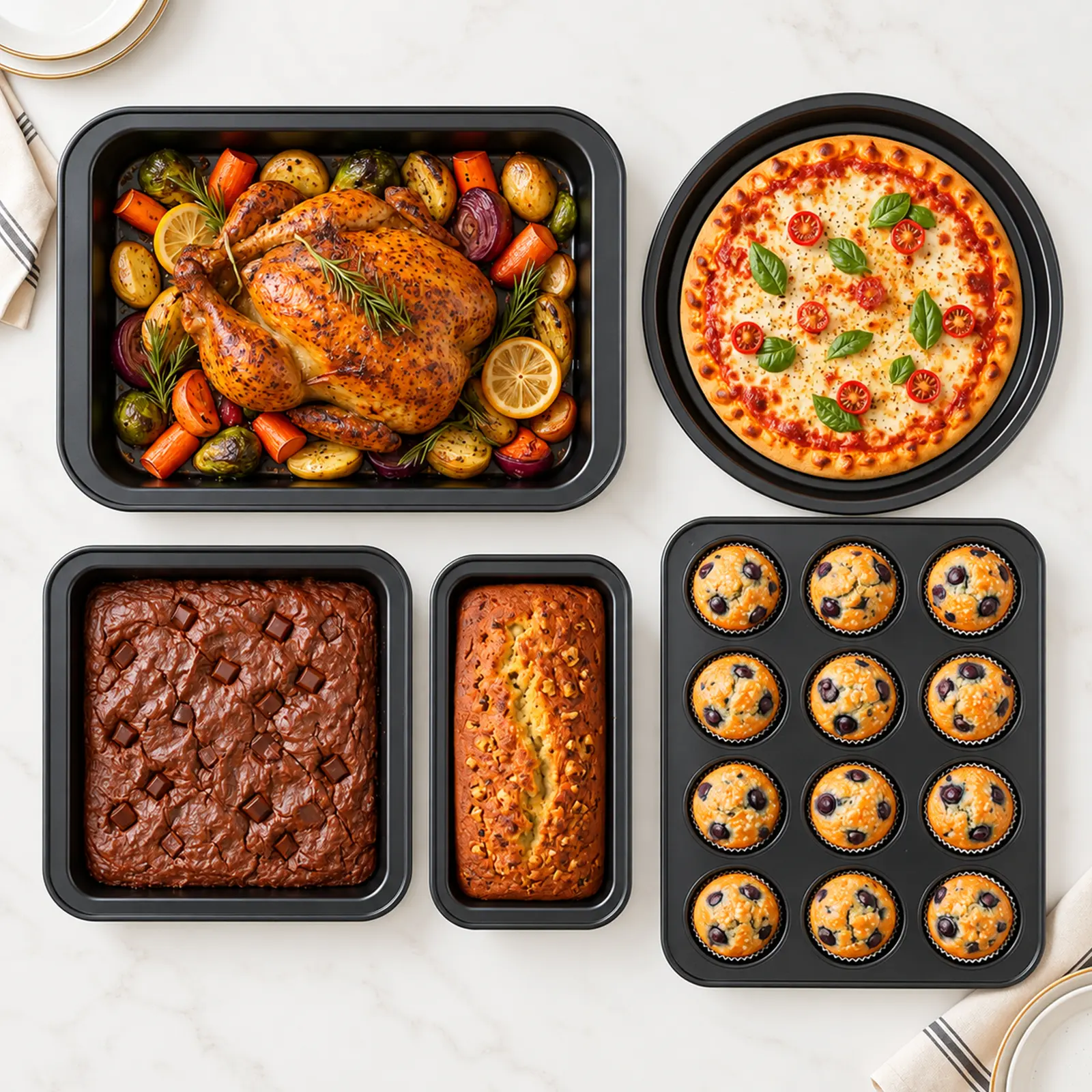 5-Piece Nonstick Baking Pans Set, Carbon Steel Bakeware Set with Cookie Sheet, 12-Cup Muffin Pan, Loaf Pan & Round/Square Cake Pan, Oven Safe up to 450°F