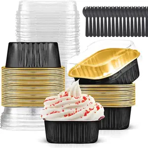 10oz Mini Cake Pans with Lids (40 Pack) Aluminum Foil Square Cupcake Liners Brownie Baking Cups Disposable 4”x4” Large Cupcake Pan Jumbo Muffin Tin Ramekins Holders
