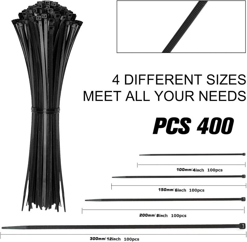 Cable Zip Ties,400 Pack Black Assorted Sizes 12+8+6+4 Inch,Multi-Purpose Self-Locking Nylon Cable Cord Management ,Plastic Wire Ties for Home,Office,Garden,Workshop