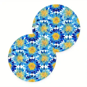 2pcs Blue and Golden Moroccan Style Arabic Car Cup Holder- PU Non-Slip Drink Holder, 2.75inch Round Car Ashtray Coaster, Suitable for Center Console, Dashboard, SUV and Sedan(Blue/Yellow/Golden),  Center Console Cup Holder, Stylish Drink Coaster