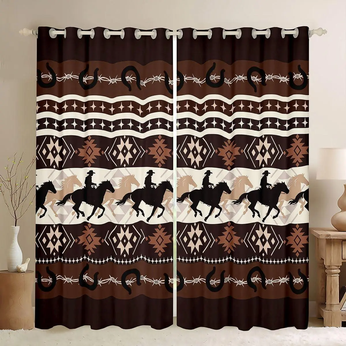 Western Curtains Bedroom Living Room Southwestern Blackout Darkening Drapes Horse Window Treatments,2 Panels Galloping Horse Room Decor Tribal Brown