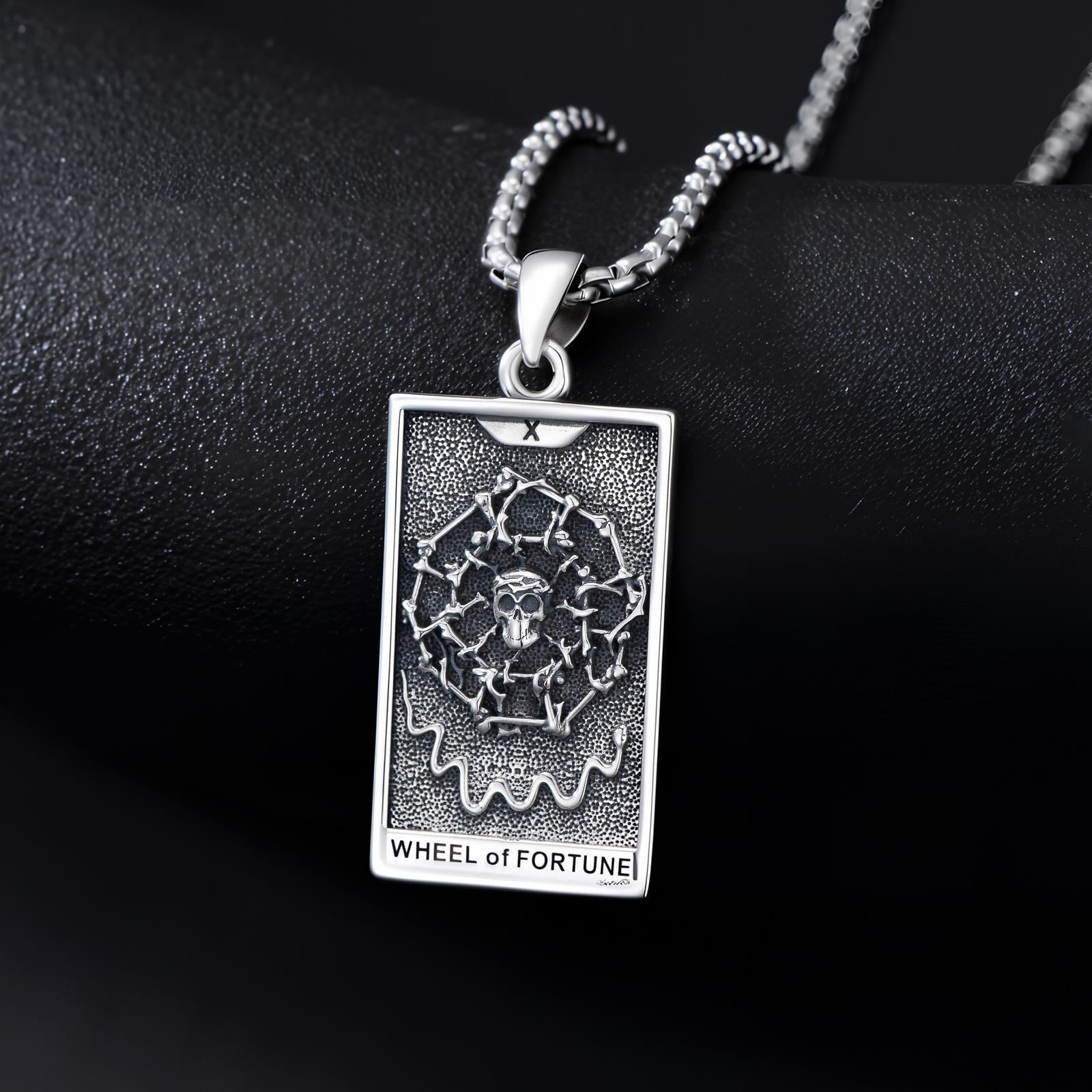 MEIDERBO Dream Chaser Wheel of Fortune Necklace 925 Sterling Silver Oxidized Finish Tarot Pendant Stainless Steel Bead Chain 22+2 Inch Bella Chain Lucky Jewelry