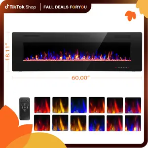 Electactic 36-68 inches Electric Fireplace Recessed and Wall Mounted, Fireplace Heater and Linear Fireplace, with Timer, Remote Control, Adjustable Flame Color, 750w/1500w, Black