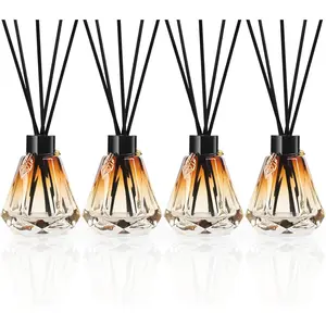 Reed Diffuser Set - 4 Empty Bottles with 20 Sticks, Delicate Gold Leaf Decor, Glass Fragrance Diffuser with Lids for Home, Bathroom | Refillable, Diamond Style (4 PCS Black)