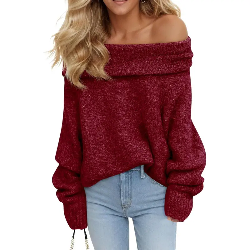 Saodimallsu Women's Off-The-Shoulder Oversized Long-Sleeve Loose Ribbed Knitted Pullover - Minimalist Casual Sexy Top, Premium Soft Blend Fabric, Easy Layering, Suitable for Party & Office, Fall Wear