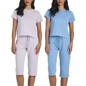 Real Essentials 2 Pack:Women's Cotton Pajamas Short Sleeve Tops and Capri Pants Pjs Sets with Pockets (Available In Plus)