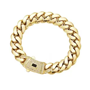 Echo 14K Gold-Plated Cuban Bracelet with Classic White Stone Inlay 6mm-14mm 7.5/8.5inches Miami Style Christmas Gift for Him/Her Black Friday necklaces  men