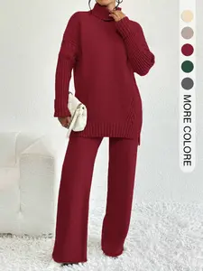 Women's High Neck Drop Shoulder Slit Hem Soft Sweater and Knitted Long Pants Set Outfit, Fall Winter Long Sleeve Knitwear, Casual Fashion
