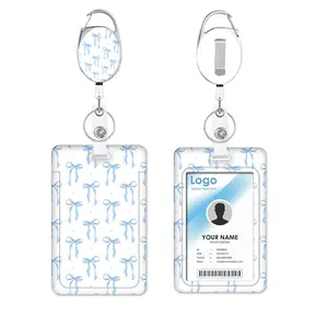 Elegant Blue Bow ID Badge Holder Set, Retractable Scroll Clip, Single-Sided Sticker with Fixed Clamp, Office Supplies for Teachers Nurses Students