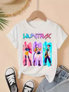 Girls Kpop Demon Hunters Short Sleeve T-Shirt, Huntrix Gradient Stage Cartoon Print, Casual Round Neck Summer Top, Cute Graphic Tee, Cute Gift Idea