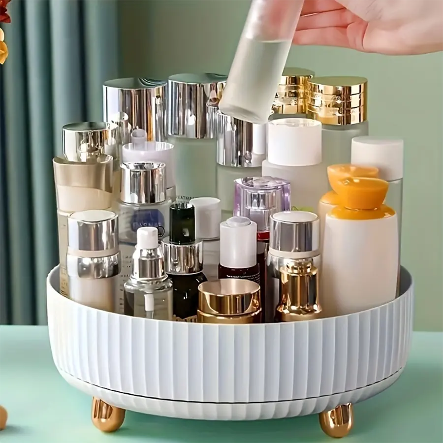 Makeup Perfume Organizer 360 Degree Rotating Lazy Susan Cosmetic Desk Storage Lotions Display Case Round Tray with Large Capacity Waterproof & Moisture-Proof for Jewelry Boxes White