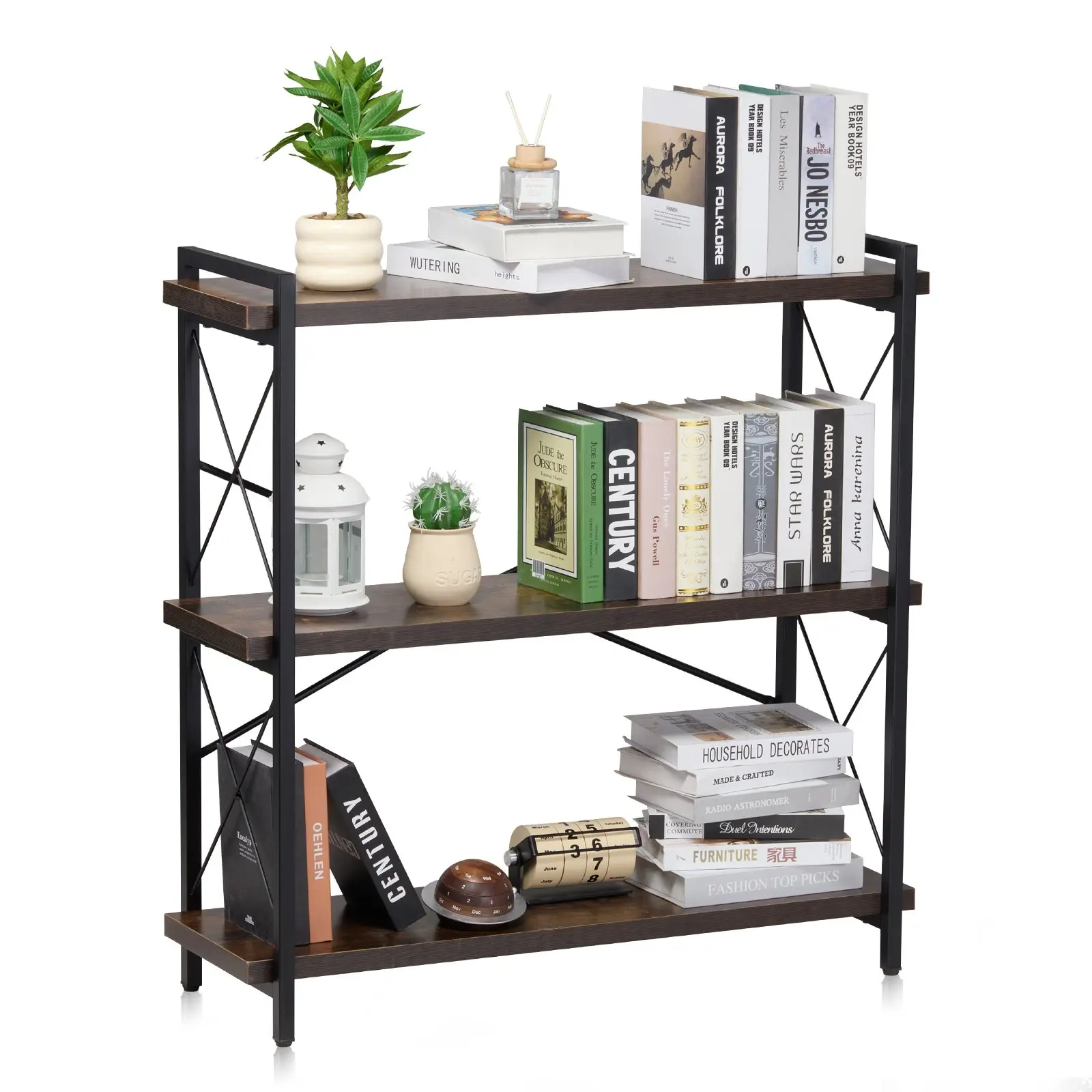 VEVOR 3-Tier Rustic Industrial Metal Bookshelf, Small Open-Shelf Freestanding Storage Display Rack, No-Frills Vintage Bookcase for Living Room, Bedroom, Retro