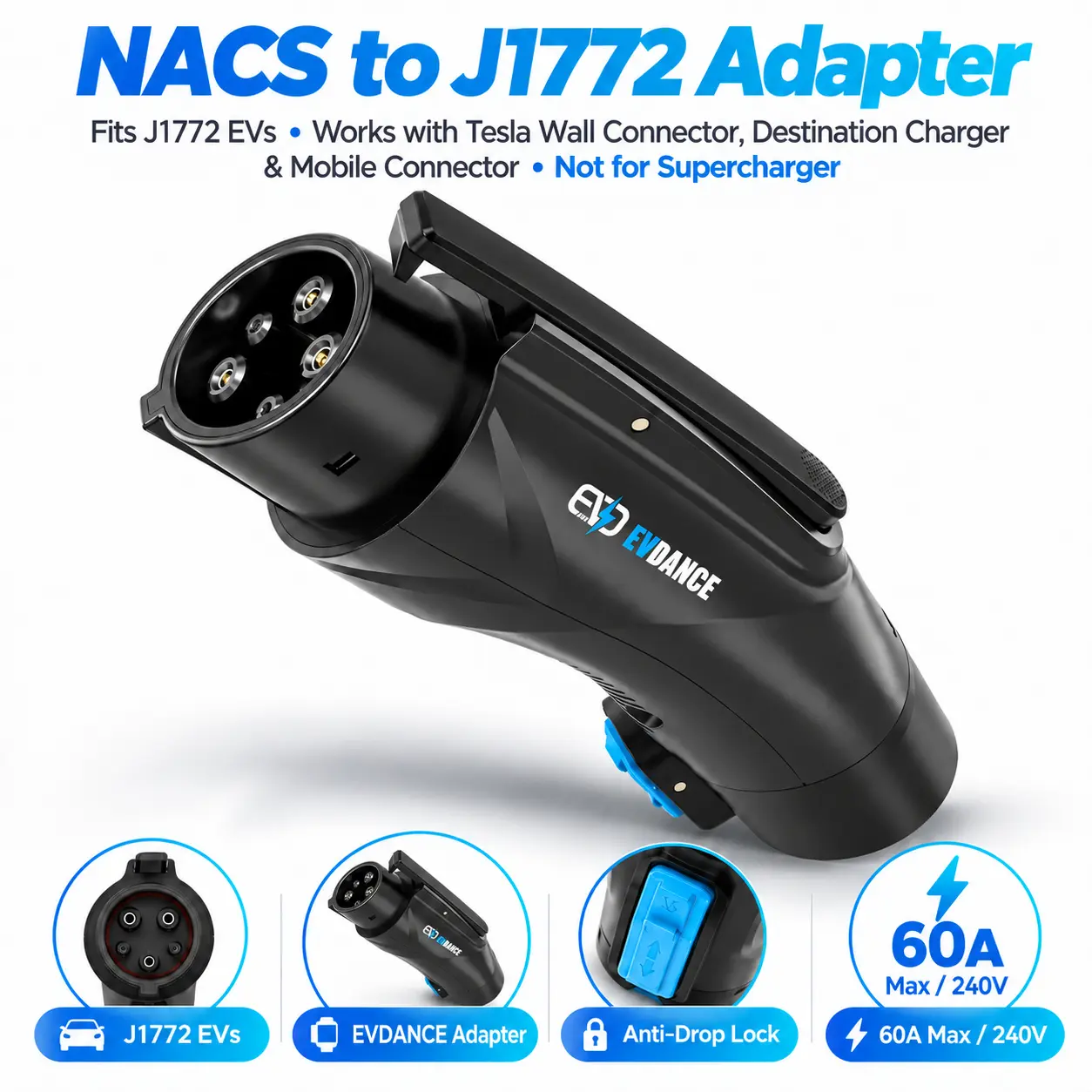 EVDANCE Tesla(NACS) to J1772 Charging Adapter with Security Lock  EV Charger - White & Black Design, Compact & Portable, Ideal for Home & Office Use, Efficient Charging Solution