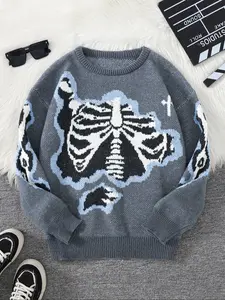 Men's Regular Fit Skeleton Print Round Neck Sweater, Casual Comfy Long Sleeve Crew Neck Jumper for Daily Wear, Fashion Men's Knitwear Knitted Pullover for Fall & Winter, Tops