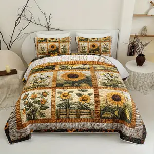Sunflower Patchwork Bed Cover Set - 3 Piece Quilt and Pillowcase Set for Rustic Farmhouse Bedroom Decor, Machine Washable Polyester