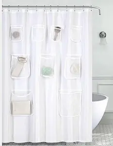 Shower Curtain or Liner with 9 Handy Mesh Pockets, Premium Thick Cloth & Opaque, Washable, 72 x 72 inches, Shower Curtain or Liner with Mesh Storage Pockets