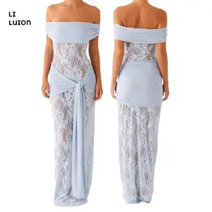 Women's Evening  Maxi Dress Short Sleeve Off Shoulder Strapless KnottedLace Dress