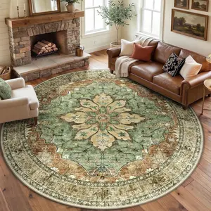 Washable Non-Slip, Floral Vintage Distress Print Pattern Medallion Carpet for Living Room Bedroom Dining Room, Brick Red Rust Neutral Brown Burnt Orange