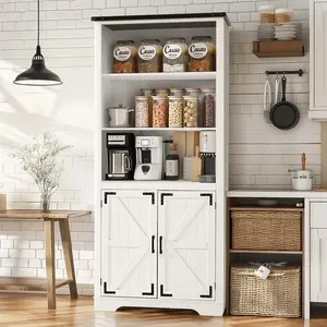 【Springtok】Pamapic 70" Tall Kitchen Pantry Cabinet,Kitchen Pantry Storage Cabinet, Large Farmhouse Wooden Storage Cabinet with 3 Adjustable Shelves, 2 Barn Doors for Kitchen, Dining Room,White
