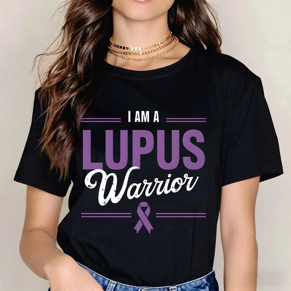 I Am A Lupus Warrior Purple Ribbon Print T Shirt Black Casual Loose Fit Tee For Women Suitable For Everyday Wear And Light Activities