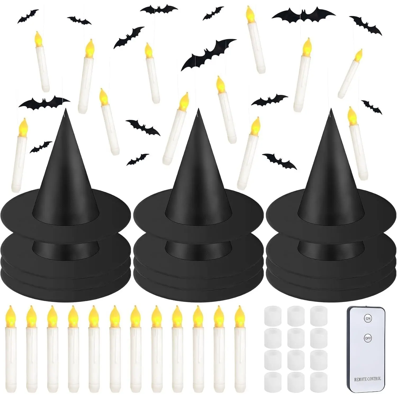 80 count Halloween   Hats and Taper Floating Candles Set Includes 12  Hats 12 LED Floating Candles Lights 56  Bats Wall Stickers for Halloween Decoration Front Porch Yard Decor