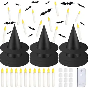 80 count Halloween   Hats and Taper Floating Candles Set Includes 12  Hats 12 LED Floating Candles Lights 56  Bats Wall Stickers for Halloween Decoration Front Porch Yard Decor