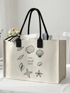 1 piece of 2D printed large-capacity storage bag with seashell and starfish pattern and 'Sea Sand Sunshine', extra-large storage bag, sturdy handle, space-saving and versatile, suitable for use at school, on business trips, and shopping