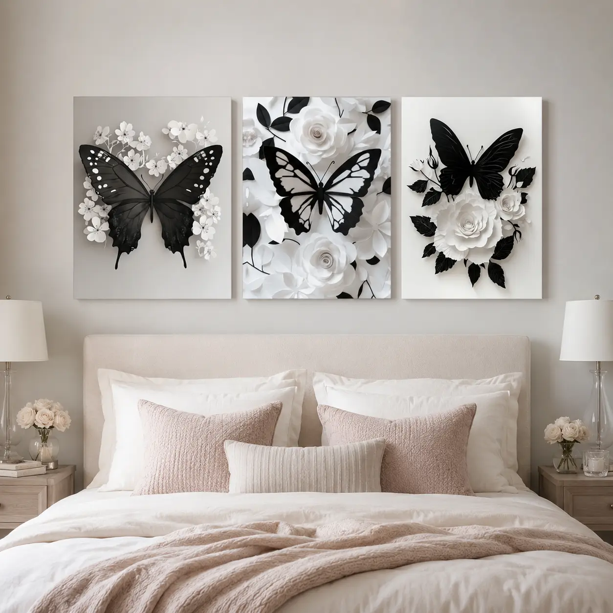 3-Count Wooden Framed Canvas Wall Art Set, Butterfly-Flower Pattern Print, Modern Dopamine Home Decor for Living Room-Bedroom, Stylish Posters & Prints Ornament, 3 Pieces