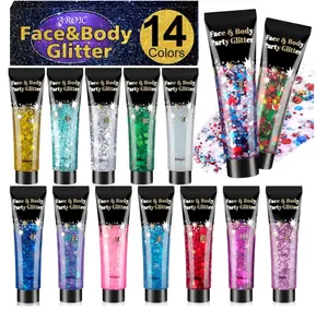 AROIC 14 Colors Body Glitter, 4th of July Face & Hair Glitter Gel Set for Festival, Eye Shimmer for Women Rave Accessories Party Supplies, Face Paint Hair/Cheek/Eyelid Sparkle Makeup-18ml/Tube