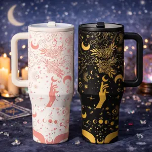AuraCup 1pc 40oz Insulated Tumbler with Handle and Lid, Celestial Moon Sun Hand Line Art Pattern Stainless Steel Travel Mug, Large Capacity Vacuum Coffee Cup for Hot Cold Drinks, Reusable Water Cup for Car Office Outdoor, Keeps Cold 12 Hours Hot 6 Hours,