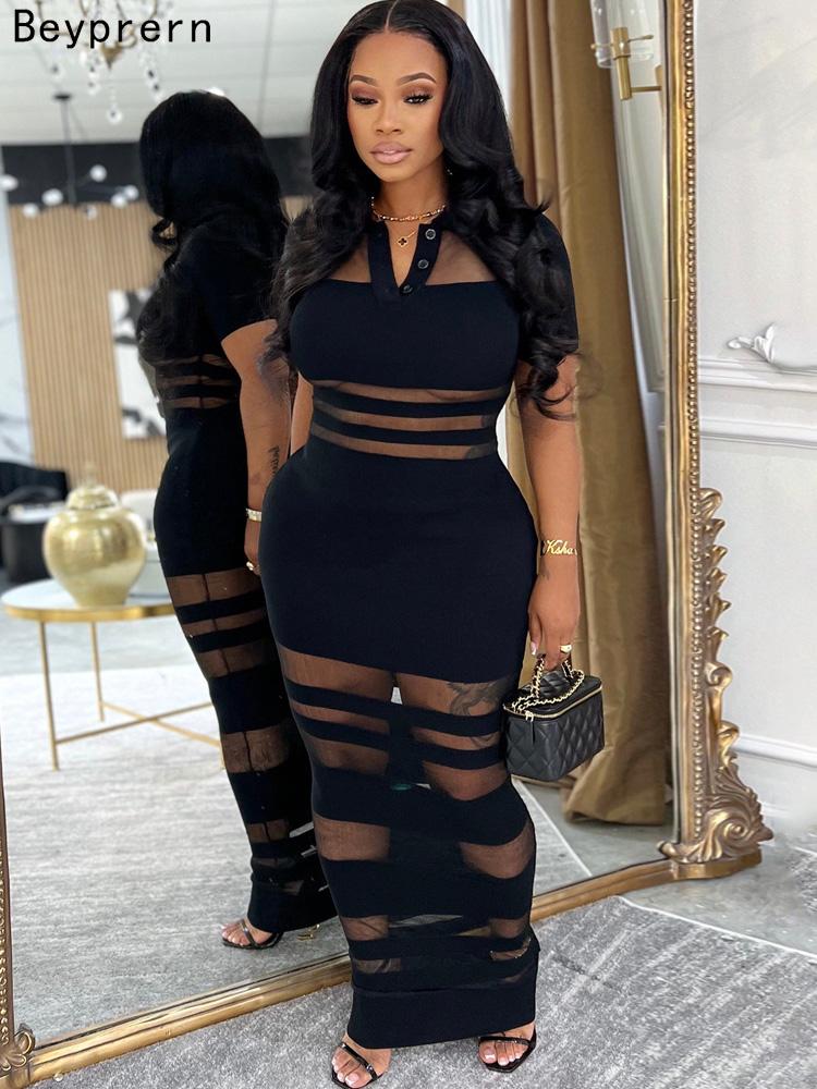 knee length dresses for ladies Black Striped Knit Polo Maternity Fitted Maxi Dress  PinkBlush