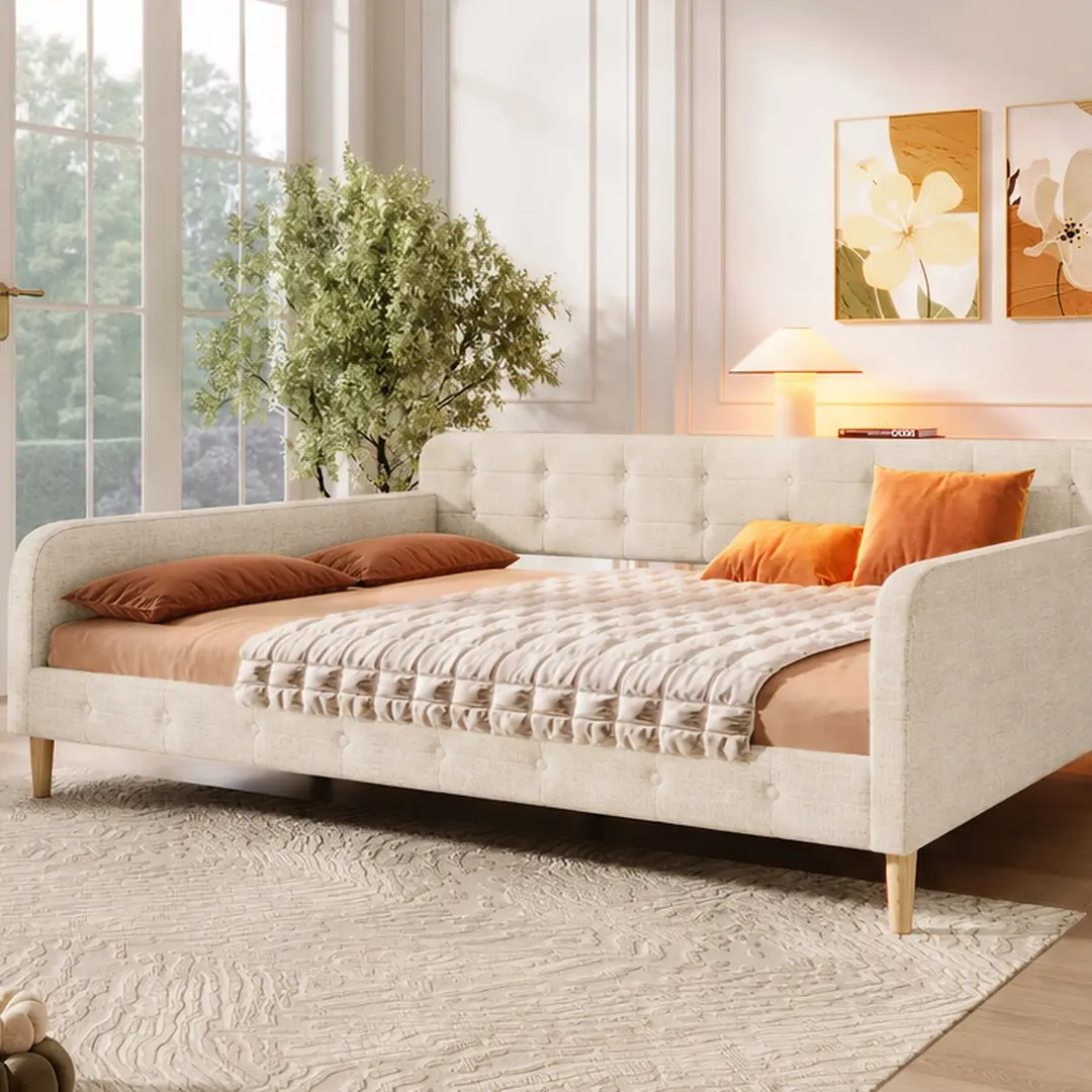 ARCH Queen Size Upholstered Daybed with 4 Support Legs Linen Fabric Sofa Bed for Living Room Guest Room, Beige/Gray/Pink Multiple Color Options, Wood Frame, Box Spring Not Required, Easy Assembly, Full/Queen/Twin Size Options, Upholstered Material
