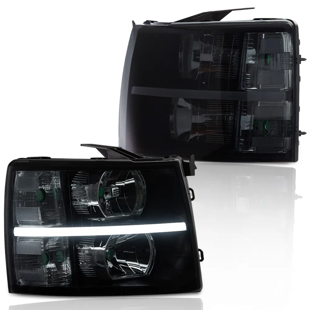 LED DRL Smoke Lens Black Housing Headlight Replacement Conversion Kit For 2007-2014 Chevy Silverado, Bolt-On Front LED Truck Headlight Led Drl Headlamps Carlights