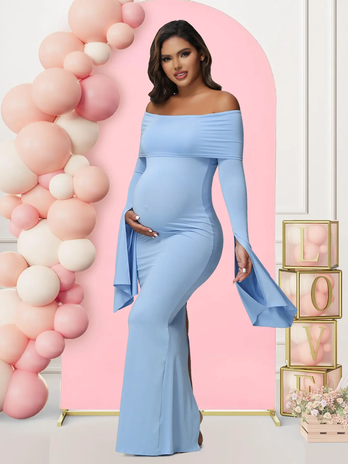 Women's Bump Friendly Off-Shoulder Long Sleeve Maternity Apparel - Gentle Stretchy Pregnancy Gown for Baby Shower, Photoshoot - Off-Shoulder, Gentle Stretchy, Pregnancy Maternity Clothing & Accessories
