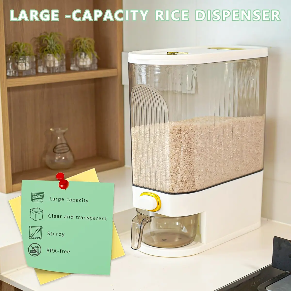 Large Transparent Airtight Rice Container with Lid and Measuring Cylinder, Durable Square Plastic Food Storage Bin for Pantry Organization, Leak-Proof Home Organizer Maintains Freshness with Fresh-Keeping Design