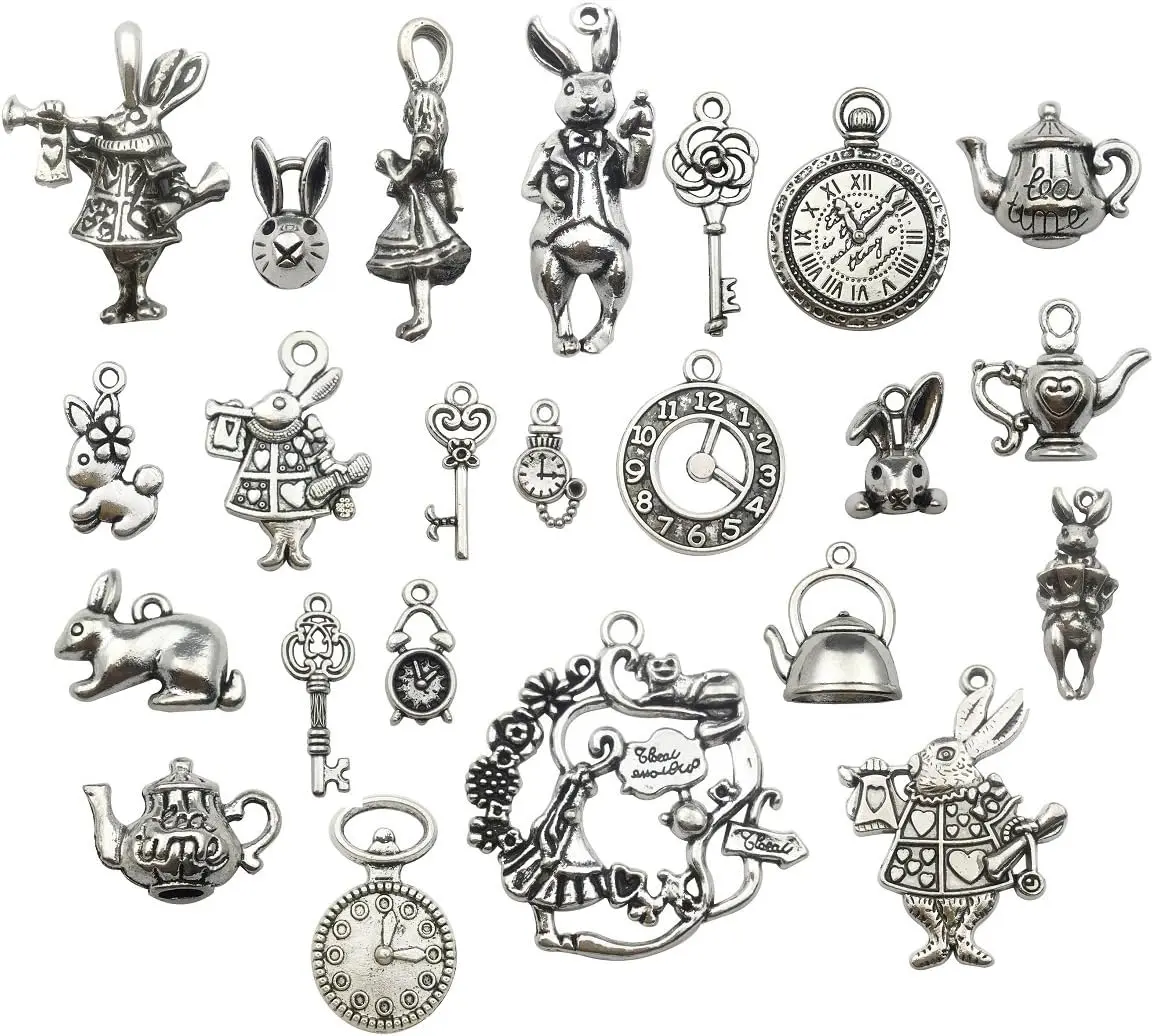 40pcs Antique Silver Alice in Wonderland Fairy Tales Tea Party Steampunk Victorian Charms for Jewelry Making (M077)Gift.