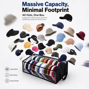 Hat Boxes Large Capacity, Clear Window Hat Storage Box, Holds Up to 40 Hats, Foldable Organizer for Closet, Bedroom & Home Storage
