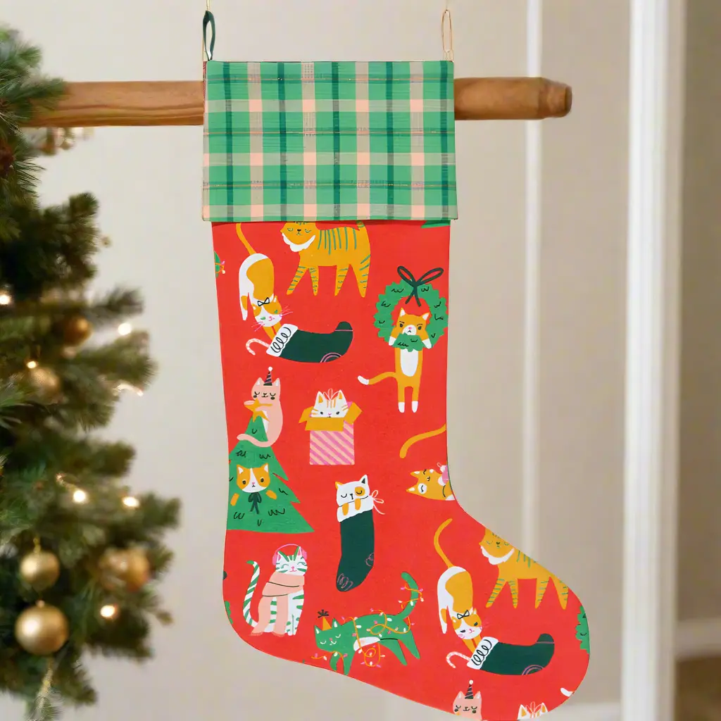 Cotton Plaid Animal Print Holiday Christmas Stocking - 10.5" by 19.5", Double-Sided Festive Home Decoration Gift, Machine Washable Home & Party Supplies, 19.5 Inches