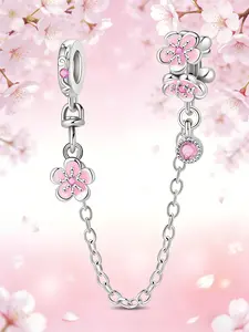 Cherry Blossom Safety Chain Charm, Sakura & Crystal Bead, Floral Jewelry for Pandora Bracelet, Elegant Accessory