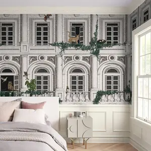 French Wall Mural Peel and Stick Large 3D Moulding Wallpaper Canvas - Vintage White, 148" W x 98" H - Animal Birds Nursery Paper for Living Room Background, Bedroom Sticker