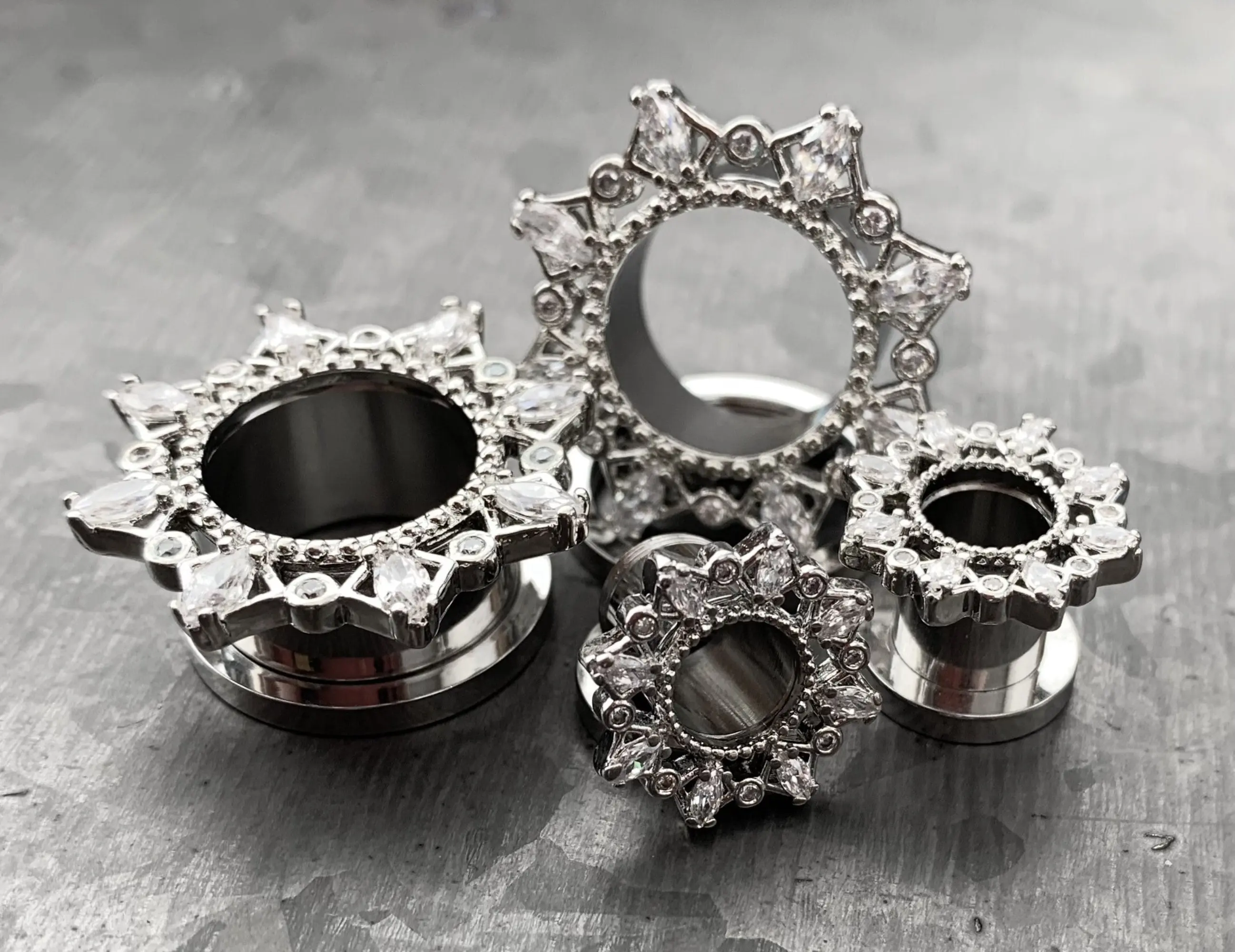 PAIR of Unique Marquise CZ Gem Filigree Steel Screw Fit Tunnels/Plugs - Gauges 2g (6mm) thru 5/8" (16mm)