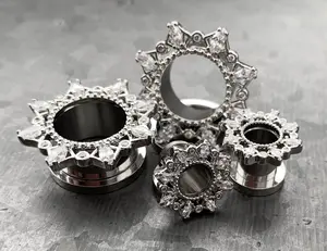 PAIR of Unique Marquise CZ Gem Filigree Steel Screw Fit Tunnels/Plugs - Gauges 2g (6mm) thru 5/8" (16mm)