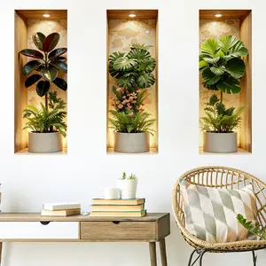 New 3-Piece Set Realistic Potted Plant Frame Wall Stickers, Living Room Dining Room Background Wall Decor, Easy-To-Apply Wall Art