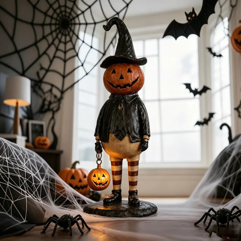 Standing Halloween Pumpkin Head Man Figurine, Spooky Jack-o'-Lantern Witch Hat Statue with Mini Lantern, Resin Indoor Tabletop Shelf Decor, Haunted House Party Prop, Unique Autumn Holiday Festival Gift for Family and Friends