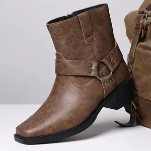Men's Fashion Ankle Boots Ankle Strap Buckle Metal Rivets Side Comfortable Low Heel Pointed Toe Smart Casual Footwear Black Brown Versatile Daily Wear