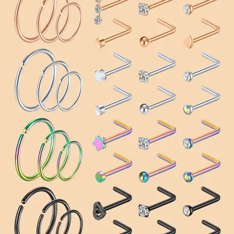 Stainless Steel Fashion Nose Studs Set, Nose Rings Studs, Unisex Daily Wear Fashion Body Jewelry, Rhinestone Design, Street Style, All Seasons, 6/24/30/36 Pieces
