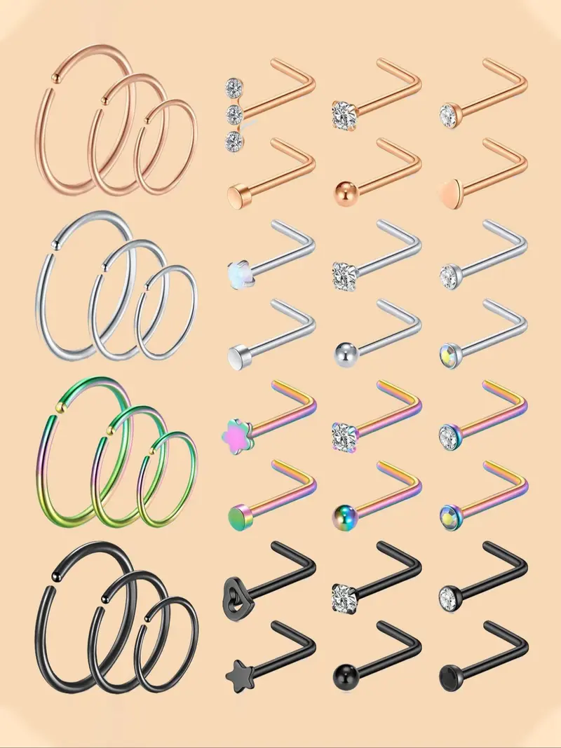 Unisex Street Trend Rhinestone Decor Nose Studs & Rings, 36pcs/set Minimalist Trendy Nose Ring Jewelry, Chic Gorgeous Body Jewelry for Party Decor, Nose Piercing Jewelry